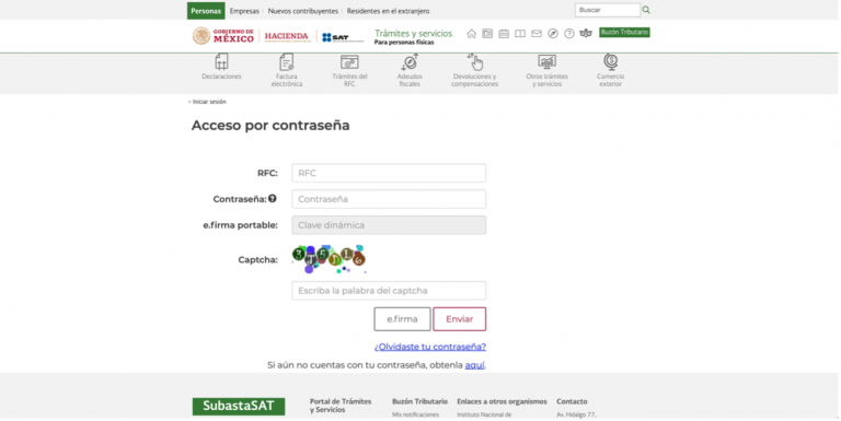 Paso 2: Acceder al buzón tributario En la sección de "Trámites", se debe seleccionar la opción "Buzón Tributario" y clic en "Iniciar sesión". Se abrirá una ventana donde se debe ingresar el RFC y la contraseña, y luego hacer clic en "Enviar". Si se tiene activado el uso de la firma electrónica avanzada (e.firma), se debe ingresar el archivo .cer y la clave privada, y luego hacer clic en "Firmar y enviar".